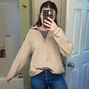 AERIE GOOD VIBES CORDED OVERSIZED Q-ZIP SWEATER